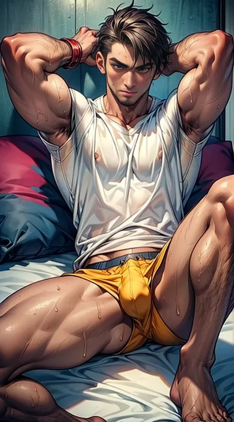 (masterpiece,best quality,8k,ultra-detailed:1.3),1boy,spread legs,hands behind head,handsome,muscular,(underpants,big bulge),on bed,shackles,tan skin,short hair,detailed beautiful eyes,sweat,humid