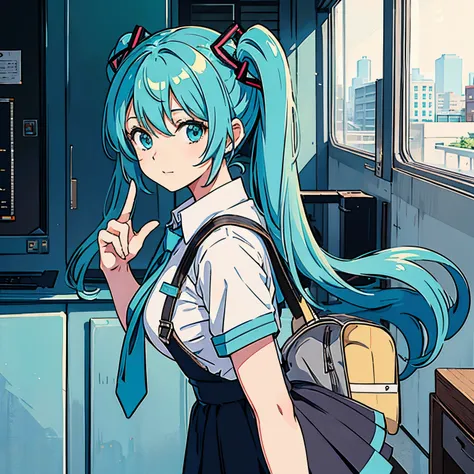 miku hatsune,10yaers old,a school bag,School route,Looks Back,Beautiful breasts