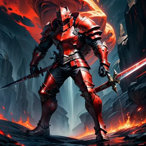 (masterpiece,High quality,Top quality,super detail, best quality ,)1man,Wearing red armor,holding a red sword,lava,Hide your face with armor,full body,knight Hd, fantasy