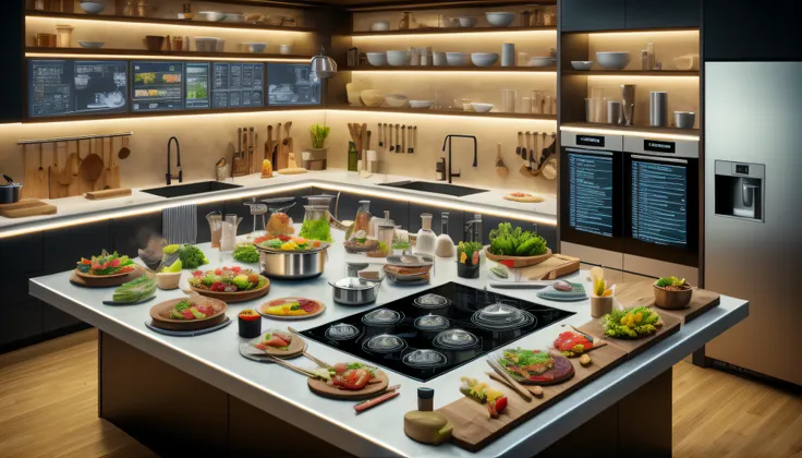 there  a kitchen with a counter with a lot of food on it, cuisine, food commercial 4 k, but futuristic food, gourmet cooking, chef table, overheard camera view of kitchen, hyperreal highly detailed 8 k, cooking show, concept art. 8 k, by Scott M. Fischer, ...