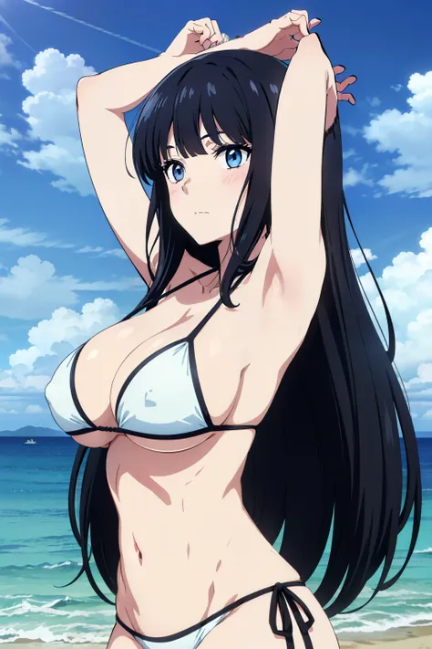 Miyuki, 1girl in, Cute, blush, blue eyess, (Long Black Hair:1.5), 14years, (Oversized large sagging breasts:1.5), cleavage, ((White Micro Bikini:1.5, Thin fabric)), (Arms up:1.5), Upper body, Close-up on the chest, Front composition, beach side, ((Perfect ...