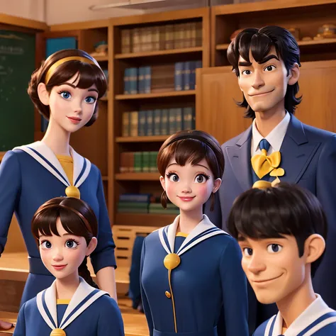 Two men and women from Disney Pixar movies、The man on the left is wearing a suit、Hairstyle is divided into 73 parts、The eyes are crisp、Boys are taller than girls、The girl on the right is wearing a sailor suit、Hairstyle is medium、There are bangs、The backgro...