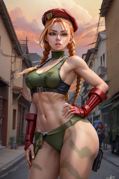 master part, best quality, Altas, 1girl, Cammy branco, twin braids, cabelos longos, blonde hair, cabelo da antena, boina, (red headwear:1.3), olhos azuis, cicatriz na bochecha, malha verde, seios grandes, Mangas, luvas vermelhas, luvas sem dedos, camuflar,...