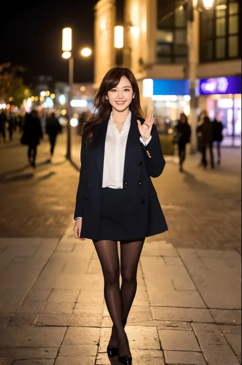 ulzzang -6500-v1.1, (Raw photo:1.2), (Photorealsitic), Beautiful detailed, Famous popular actresses、 (Real: 1.4), extremely detailed eye and face, beatiful detailed eyes, ((Dazzling night illumination plaza:1.2)), ((Womens Suits:1.3, Ultra-realistic pantyh...