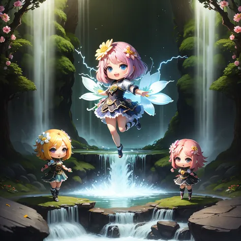 ​masterpiece、top-quality、ultra-detailliert、(Chibi character flower spirit:1.3)、Flowers formed by the transparent Giritere Forest Waterfall、Lightning、Open your mouth and smile、Full-body standing figure、Jumping Kick