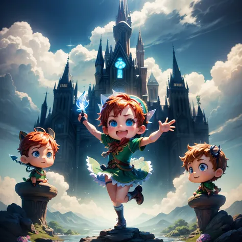 ​masterpiece、top-quality、ultra-detailliert、(One chibi character Peter Pan:1.3)、Flowers formed by transparent Giritere Forest waterfall々、Lightning、Open your mouth and smile、Full-body standing figure、Jumping Kick