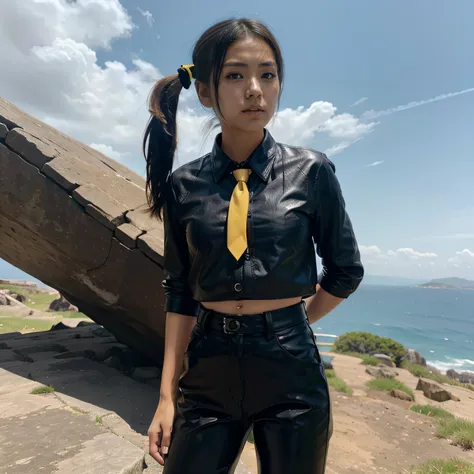 japanaese girl, Pony tail, Black leather shirt, Black leather pants, Yellow tie, Standing on a cliff, Blue sky