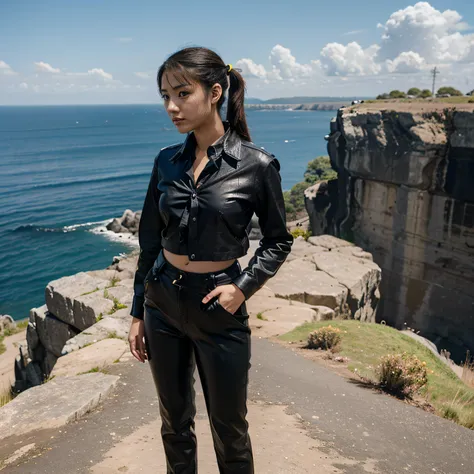 japanaese girl, Pony tail, Black leather shirt, Black leather pants, Yellow tie, Standing on a cliff, Blue sky