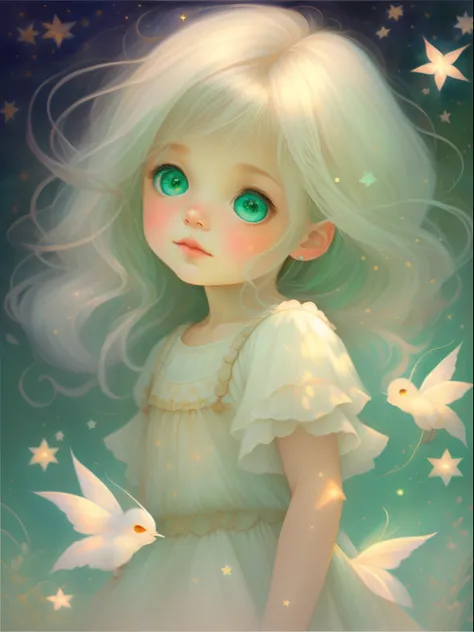 Dreamy sky，Itching，As estrelas，Cute little girl s，light colors hair，Bushy hair，pale green eyes，gossamer,  fairy tale painting, A masterpiece of bright light,stunning art, lamplight! Fantastic art, fairy tale artwork, inspiring art, fantastic work of art