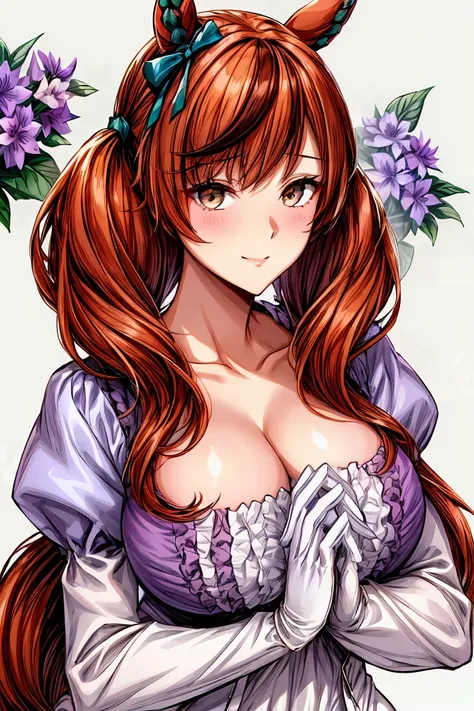 fantasy style, floral background, romance manhwa, 1girl, nicenature, solo, twintails, horse ears, horse girl, flower, dress, tiara, white dress, gloves, long sleeves, thick eyeblows, purple dress, white gloves, purple bow, purple flower, standing, bow, jew...