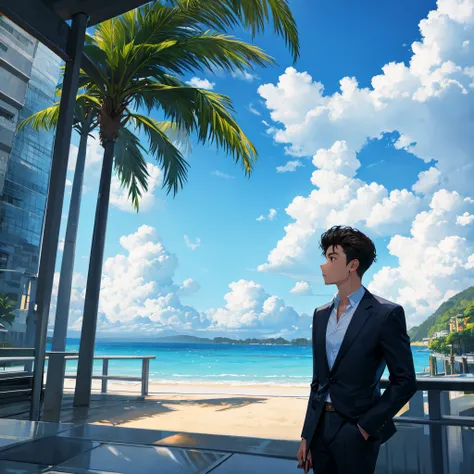 Young businessman talking on the phone outdoors in a tropical country