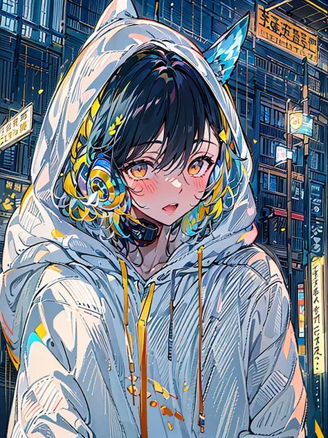 tmasterpiece， self-expression， 独奏， absurderes， hoody，blue short hair，gold eyes， Earphone， the street， allure， Sateen， neonlight，Crystal petals