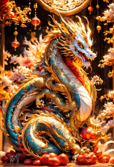 (a chinese Dragon:1.4), chinese new year decorations with a dragon and fireworks, animal figurine style, plush doll art, shiny, glossy, chinese painting, fantasy creatures, fantasy art, spirited movement