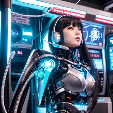 37 year old beautiful Japanese woman dressed as a robot, Long Black Hair, Retro robot body with silver metallic from the neck down、big breast robot、
Inorganic eyes like a robot、
Robot-like ears、
Robot girlfriend charging capsule into body.、
cable connected...