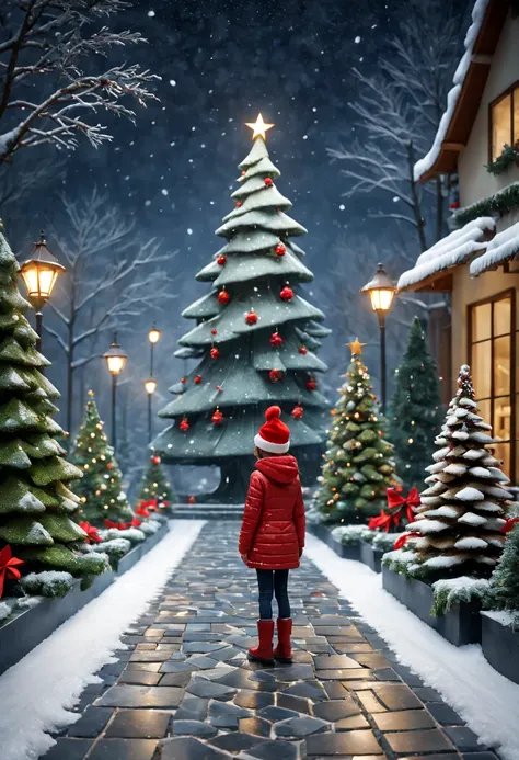 external garden, Mosaic girl sculpture, flagstone road, the night, red christmas hat， hyper realisitc, [Christmas tree]，mirai, hyper realisitc, winter landscape，[Gentle snowfall]，artistic décor, concept-art, Three-dimensional future, lightand shade contras...