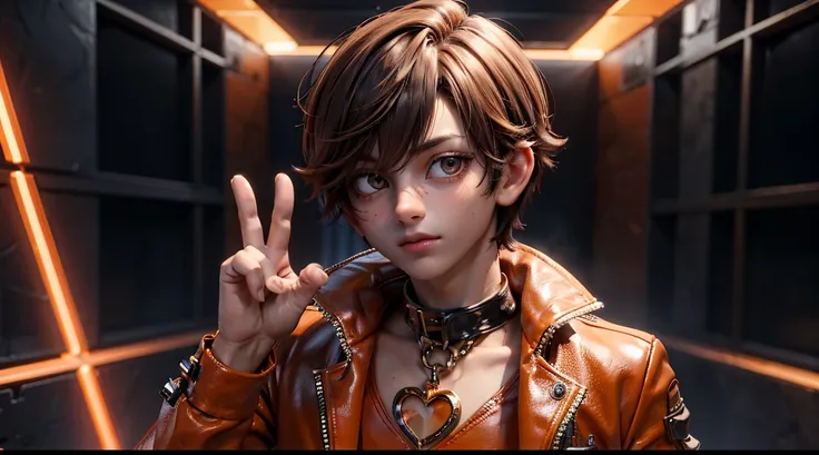 boy character, boy look, bests hands, bests finger, best eyes, brown male, short hair, male, male, making a peace sign with her hands orange leather suit with hollowed-out lower neck and both shoulders, full bright lighting metaverse background, metaverse ...