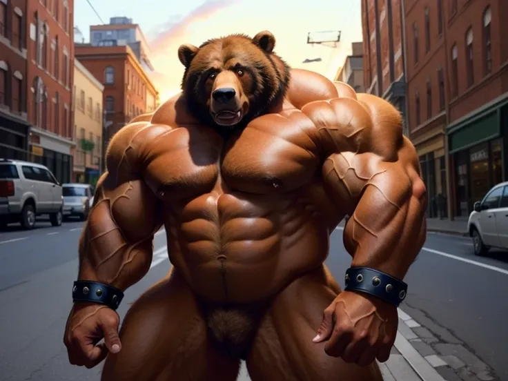 There  a man on the street with a muscular bear, Jigachade  muscular, Very robust, musculous! cyber punk perssonage, Super buff and cool, furry brown body, POV furry art, Giant bears hybridize with humans, hairy bodies, man bear pig, man bear pig, beefy, h...