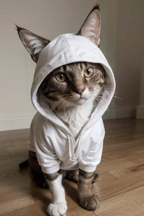 a cat wearing white hoodie