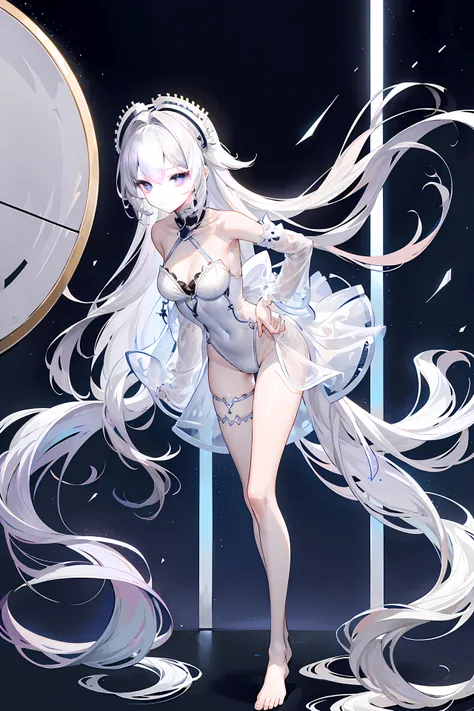 Lilac gradient hair,Asymmetrical hair,（（Hair  very thick 1.8，chiseled head 1.6））， Hair over the shoulder, messy  hair, Very long hair, shinny hair，(Long gray hair:1.2),A beautyful girl，（Luxury Platinum Mini Ultra Short Platinum Lolita，Made of transparent m...