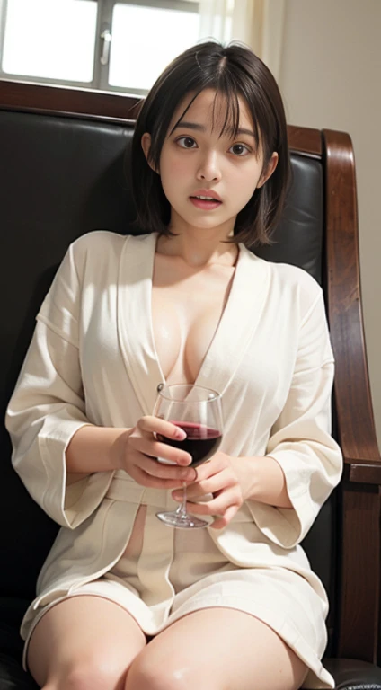 (masutepiece, Best Quality:1.4), Beautiful face, 8K, 85 mm, absurderes, ((Dark bedroom in the hotel))、(Wearing a thick white bathrobe:1.4), ((cowboy  shot:1.5))、((Shot from below:1.4))、((udder of medium size:1.4))、violaceaess, gardeniass, Delicate girl, So...