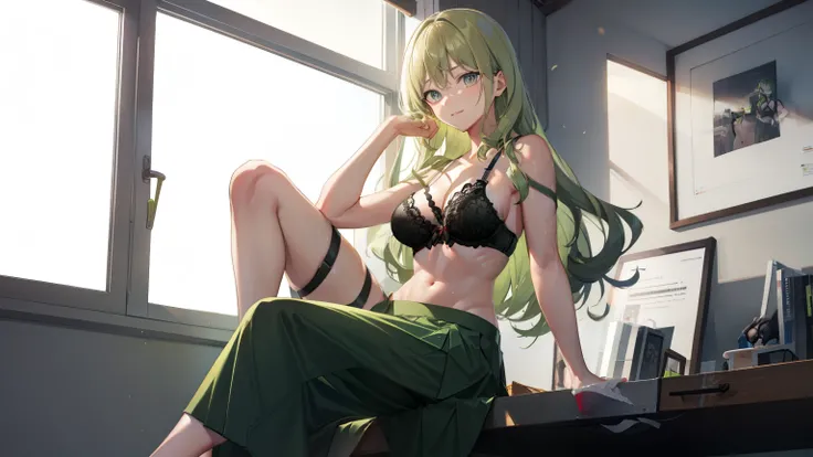 Best quality, green hair, small breasts, cleavage, navel, t-shirt, ((bra)),clothes lift, skirt, lying, full Body, perfect body ,sitting, armpit