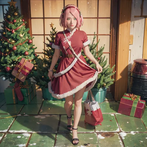 ((Full body):1.5), {1Woman}, Only {1Woman} ((costume (Christmas, holding a bag of gifts):1.3)))), {1Woman} ((looking at the viewer, with hateful look and face posing):1.3), ((Inside a house in front of a chimney with a large Christmas tree next to it)), an...