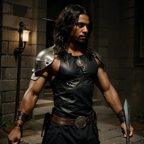 Black character carrying a shield on his arm and a spear in the other, very stylish and strong