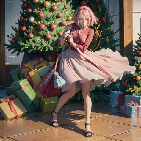 ((Full body):1.5), {1Woman}, Only {1Woman} ((costume (Christmas, holding a bag of gifts):1.3)))), {1Woman} ((looking at the viewer, with hateful look and face posing):1.3), ((Inside a house in front of a chimney with a large Christmas tree next to it)), an...