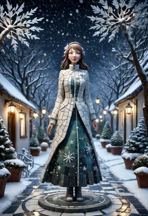 external garden, Mosaic Christmas Girl Sculpture, flagstone road, the night, hyper realisitc, mirai, hyper realisitc, winter landscape，[Gentle snowfall]，artistic décor, concept-art, Three-dimensional future, lightand shade contrast, Ray traching, mosaic ar...