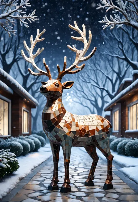 external garden, Mosaic Christmas Reindeer Sculpture, flagstone road, the night, hyper realisitc, mirai, hyper realisitc, winter landscape，[Gentle snowfall]，artistic décor, concept-art, Three-dimensional future, lightand shade contrast, Ray traching, mosai...