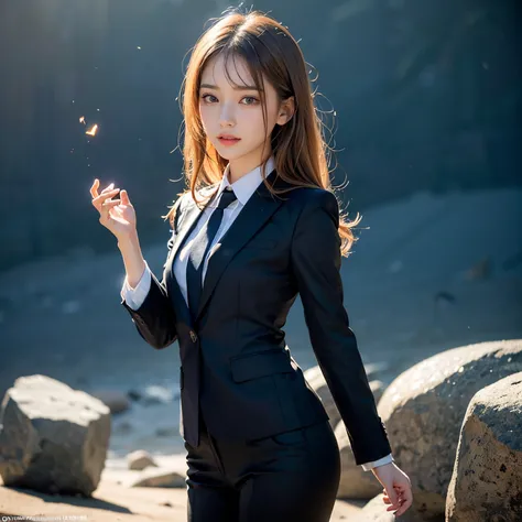 (masutepiece, Best Quality:1.2), 8K, Official art, Wearing a suit、Five Fingers Photos&#39;Body of, full body Esbian、Lightning from a wand、Suit Beauty、Big Dipper in the background、star explosion、Beautiful barefoot woman with dark hair, hold a flame in your ...