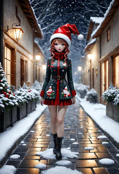 external garden, Mosaic Christmas Girl Sculpture, flagstone road, the night, red christmas hat，hyper realisitc, mirai, hyper realisitc, winter landscape，[Gentle snowfall]，artistic décor, concept-art, Three-dimensional future, lightand shade contrast, Ray t...