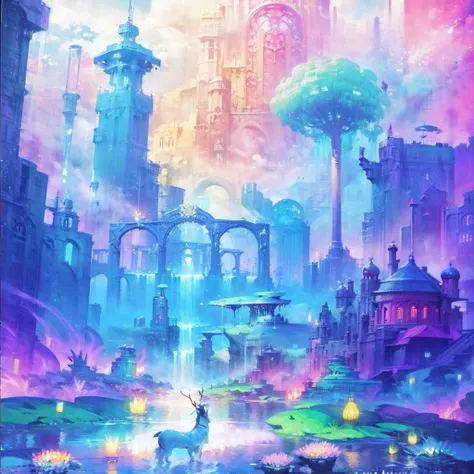 painting of fantasy city with fountain and deer, magicle world. colorful, colorful concept art, the magic fantasy  very detailed...