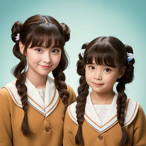 Two Disney Pixar girls The background is pure white The child on the left has twin tails The child on the right has twin buns Their clothes are brown uniforms