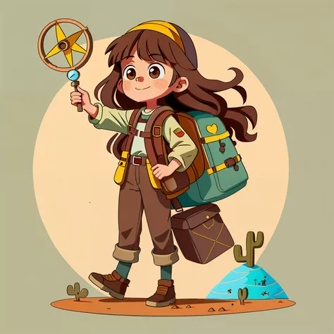 Girl with long brown hair，Adventure costumes，trouser，Carrying a large backpack，bivouac，A desert（There  an oversized compass on the back）（hold love in hands）in the early morning，（There  love）Happy，Surrounded by love，Surrounded by love，O sign，vector，line art...