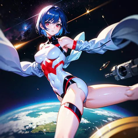 （（（​masterpiece）））、（（（Top image quality）））、（（（top-quality）））、（（Illustration of one girl））、（（（Muscle Girl）））、（（（blue silver short hair）））、Red eyes、（（Tall））、（（（Muscular and strong body）））、（（abdominals））、（（muscular and thick arms））、（（muscular and thick legs））...