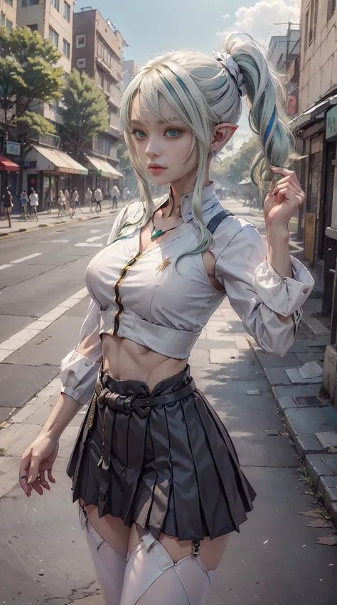 tmasterpiece , Best quality at best,Nahida(genshin impact) ,1个Giant Breast Girl , smallunderboob,long whitr hair ,side ponytails, hair adornments , White hair , Green hair , Put your hands behind your head:1.5,Colorful hair, the elf , pointy ears , 校服 , a ...