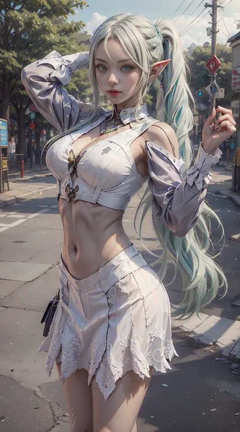 tmasterpiece , Best quality at best,Nahida(genshin impact) ,1个Giant Breast Girl , smallunderboob,long whitr hair ,side ponytails, hair adornments , White hair , Green hair , Put your hands behind your head:1.5,Colorful hair, the elf , pointy ears , 校服 , a ...