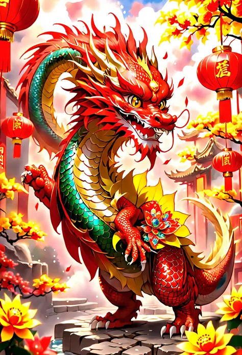 3D character rendering，((In the center of the picture，A gorgeous Chinese dragon  displayed in front of people，This dragon&#39;s scales sparkle，Wearing colorful dragon robe，Precious gems and jewels are embedded everywhere，Shimmering with dazzling light。drag...