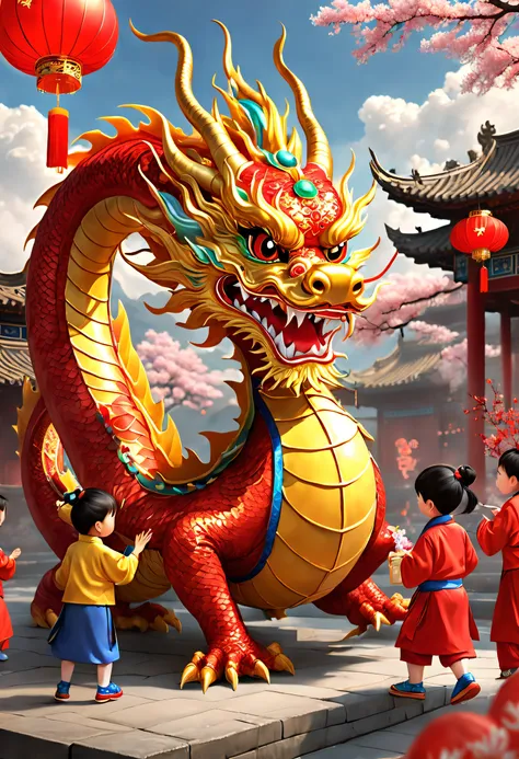 3D character rendering，((In the center of the picture，A gorgeous Chinese dragon  displayed in front of people，This dragon&#39;s scales sparkle，Wearing colorful dragon robe，Precious gems and jewels are embedded everywhere，Shimmering with dazzling light。drag...