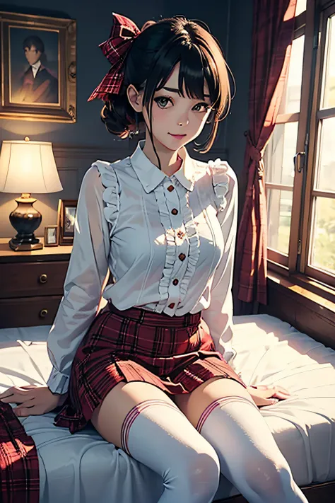 Very cute and beautiful girl,(very detailed beautiful face and eyes:1.2),Smile,(mid-shot:1.15),
(white blouse with small frills),Long sleeve BREAK detail leg,zettai ryouiki,
sitting on white bed sheets,
Dynamic Angle,Hair Ribbon,Black hair,hime-cut,(scarle...