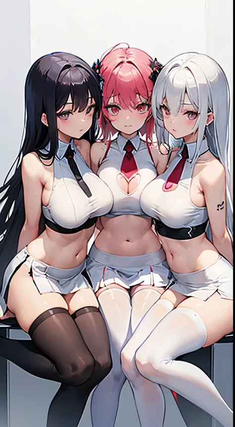 nsfw, (((three Girls, fff threesome))), Heart, drunken eyes, gleaming skin, slender, naked, (naked sleeveless wide-side-open tops), side cutout, stomach cutout, midriff peek, (breast curtain), disproportionate huge breasts, cleavage cutout,((side-boob, und...