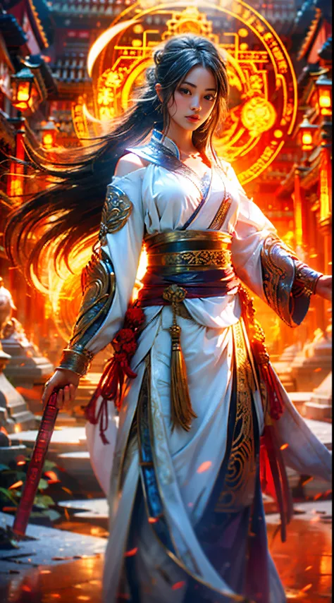 Best quality,masterpiece,ultra high res,(photorealistic:1.4),liuyifei,weapon,Detailed face, 1girl,solo,weapon,cleavage,(magic circle:1.2),xiuxian,upper body,Beautiful girl,full body,east asian architecture,sheath,architecture, --auto --s2