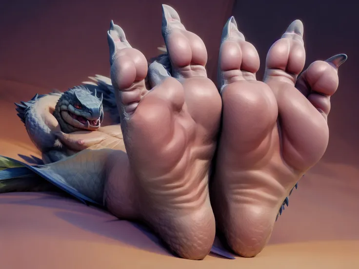 e621, front view, species:tobi-kadachi, male, lying on back, spreading legs, humanoid feet, plantigrade, feet, big feet, padded feet, soles, big soles, padded soles, padded arches, padded heels, 2 toes, 2 big toes, 2 padded toes, penis, balls, erect, uncut...