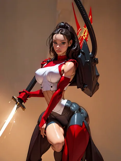 1girl enji night, enjnight, solo, red armor, sword, wide hips ,arms along her body, hands behind her back