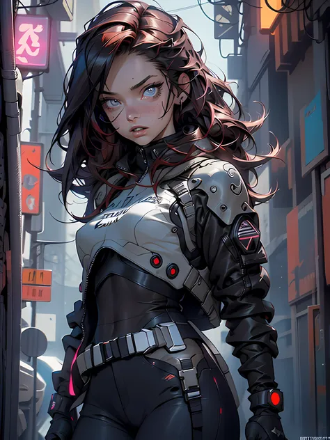 16K, HDR, RTX, raytracing, natural lighting, absurdres, best quality masterpiece, highly detailed face, detailed eyes, 1girl, solo, wearing cyberpunk clothing, long auburn hair, extreme beautiful, edgy, cool, sexy aura, windy, blue-grey eyes, serious expre...