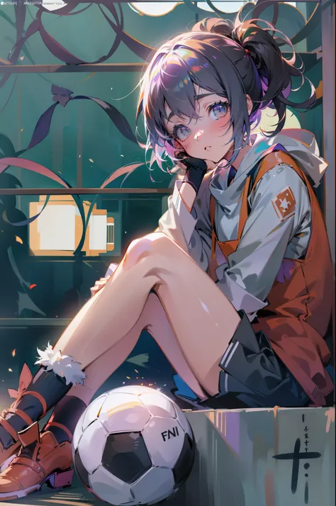 masterpiece, best quality, high quality, ultra detailed, anime girl sitting on a ledge with a soccer ball in hand, anime moe art...