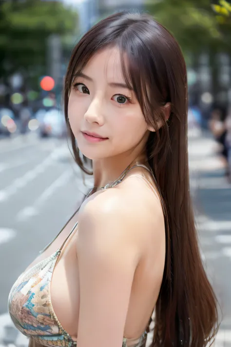 Woman posing for a photo, laughingly, Happy, long whitr hair, hair straight, Delicate skin, In the daytime, Hot summer days, Natural lighting, 详细的脸:1.2, Focus sharp, Hasselblad photograp, tmasterpiece, light make-up, 电影灯光, 4K, Best quality at best