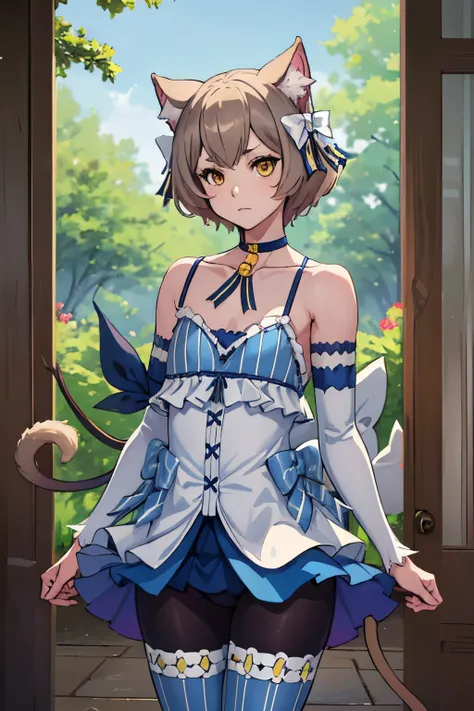 (masterpiece, best quality:1.2), cowboy shot, solo, male focus, 1boy, felix argyle, otoko no ko, :3, looking at viewer, hair bow, dress, striped, ribbon, detached sleeves, pantyhose, blue choker, tail, collarbone, bare shoulders