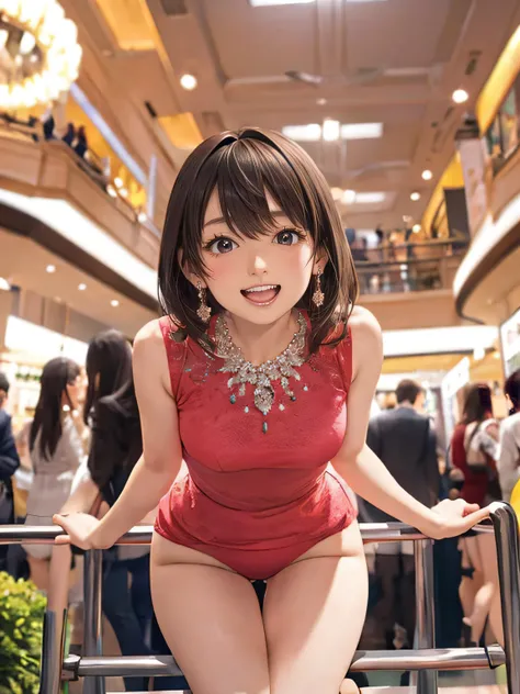 a women, blush, ecstasy face, earrings, necklace, straddling to hit her cute panties on the flat bar, open legs, raise leg, open mouth, (masturbation), large mall, ceiling, place where many people, (anime background),